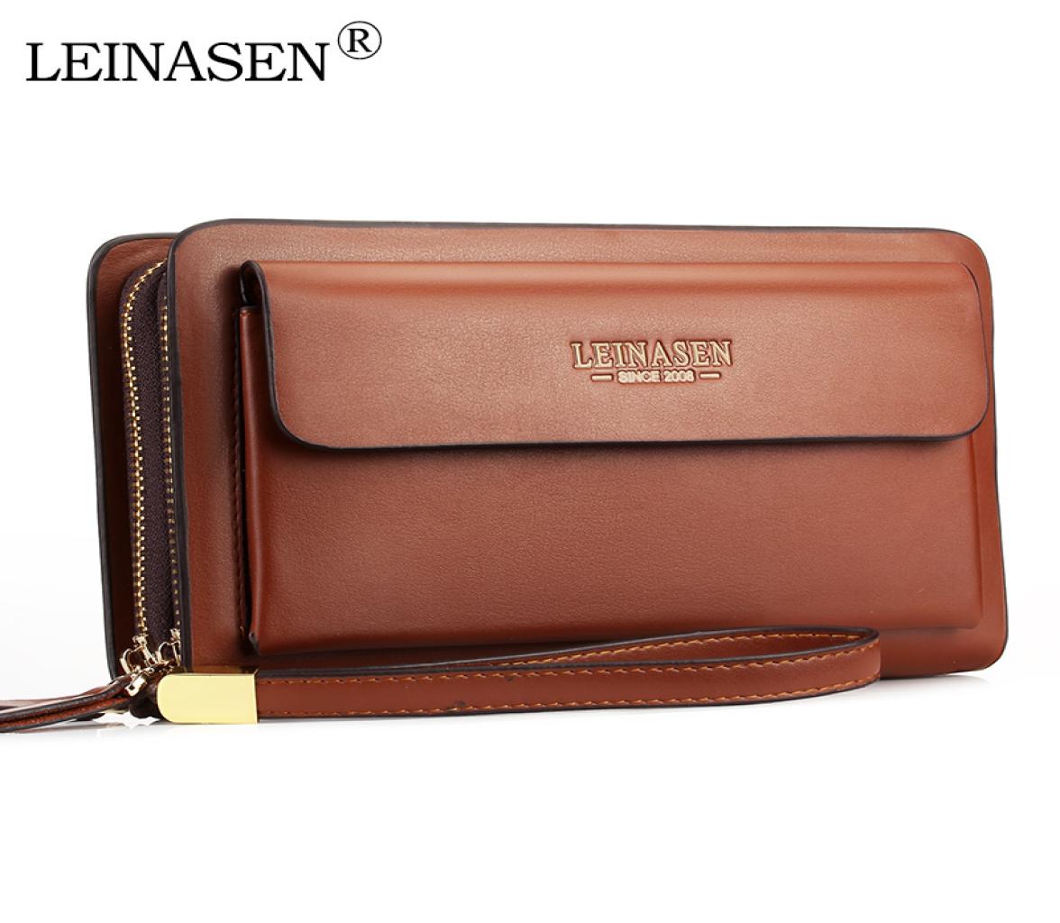 Leinasen Brand Men Wallets With Coin Pocket Zipper Double Zipper Male Wallet Long Large Men Purse Coin Clutch Bag Black Business J
