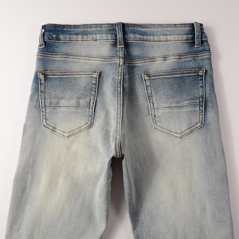 Men's Jeans Men Light Blue Steetwear Style Bandana Ribs Patchwork Skinny Stretch Holes Slim Fit High Street Distressed Ripped 230330