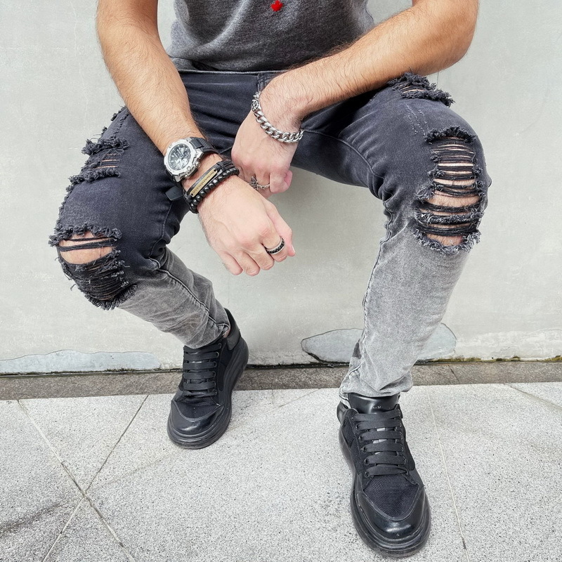 Men's Jeans Casual Denim Slim Zipper Black Hole Painted White Stretch Pencil Pants Ripped For Straight Full Length 230330