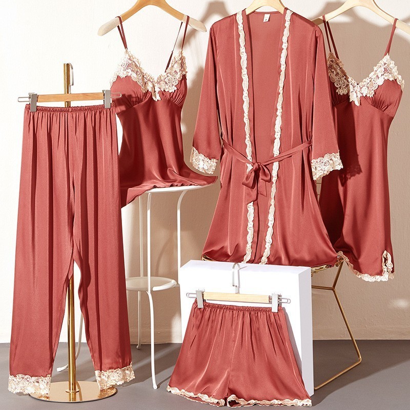 Women's Sleepwear Lace 5PCS Pajamas Set Spring Women Satin Lounge Wear Lingerie Home Clothes Sexy Kimono Bathrobe Gown With Breast Pads 230330Z