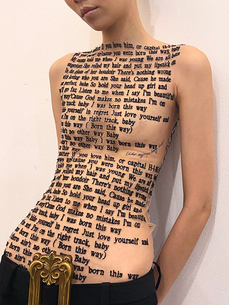Women's TShirt Mesh Letter Printted Tshirt Women ONeck See Through Sexy Tank Tops with Golve High Street Basic Slim Y2K Top Tee Shirts 230330 - view 3