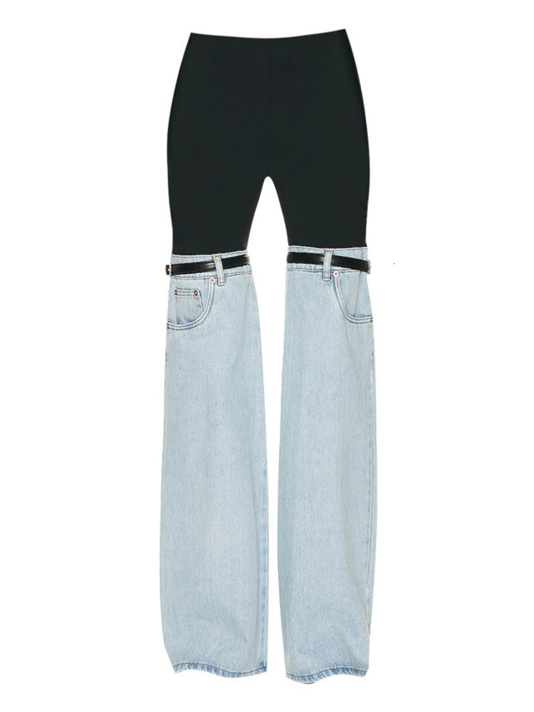 Women's Jeans DEAT Fashion High Waist Straight Patchwork PU Leather Buckle Streetwear Denim Pants Spring 2023 Trend 17A2013H 230330