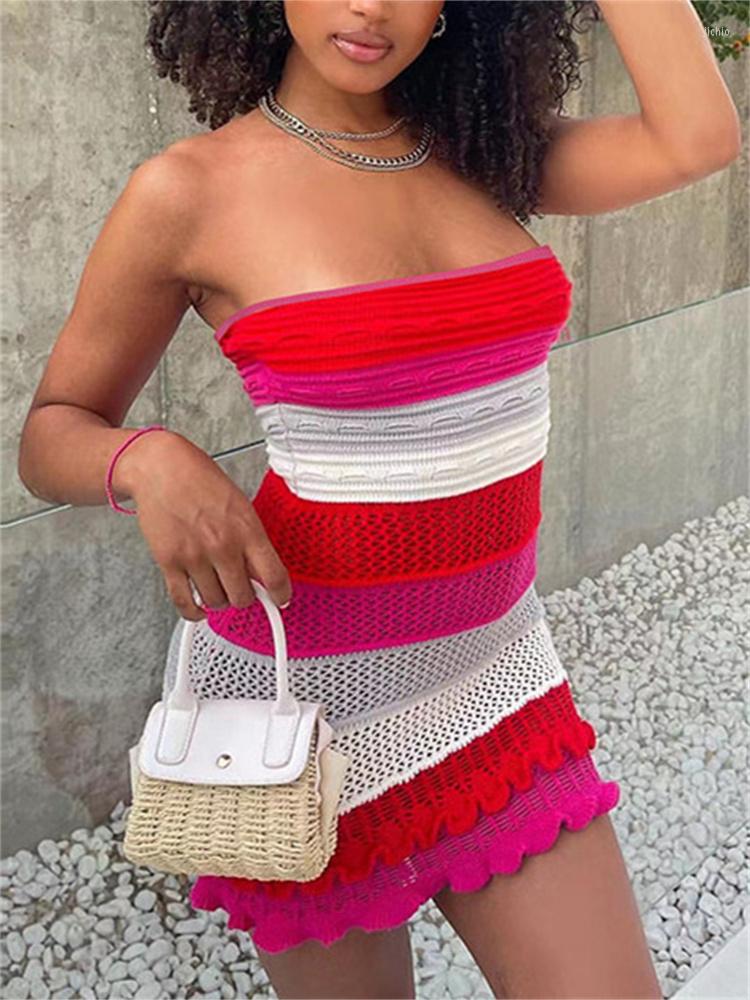Casual Dresses Thorn Tree Women Summer Knitted Slim Dress Contrast Color Striped Strapless Off Shoulder Short Mini Pencil Beach Vestidos