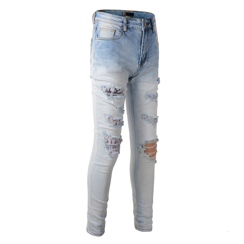 Men's Jeans Light Blue Slim Fit Streetwear Fashion Style Distressed Skinny Stretch Destroyed Hole Tie Dye Bandana Patches Ripped 230330