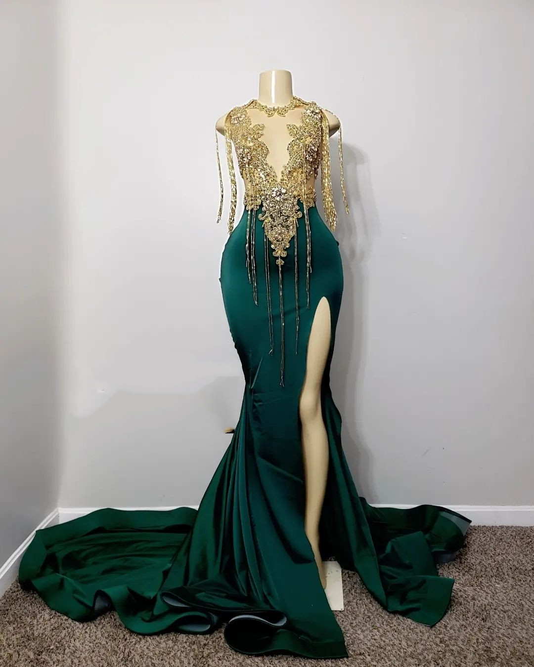 2023 Arabic Aso Ebi Hunter Green Prom Dress Mermaid Lace Beaded Evening Formal Party Second Reception Birthday Engagement Gowns Dresses Robe De Soiree