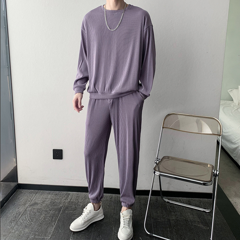 Men's Tracksuits Black/Grey/Purple Pleated Set Men's Fashion Elastic Loose Long Sleeve T-shirt Trousers Two Piece Korean Loose Men's Ic