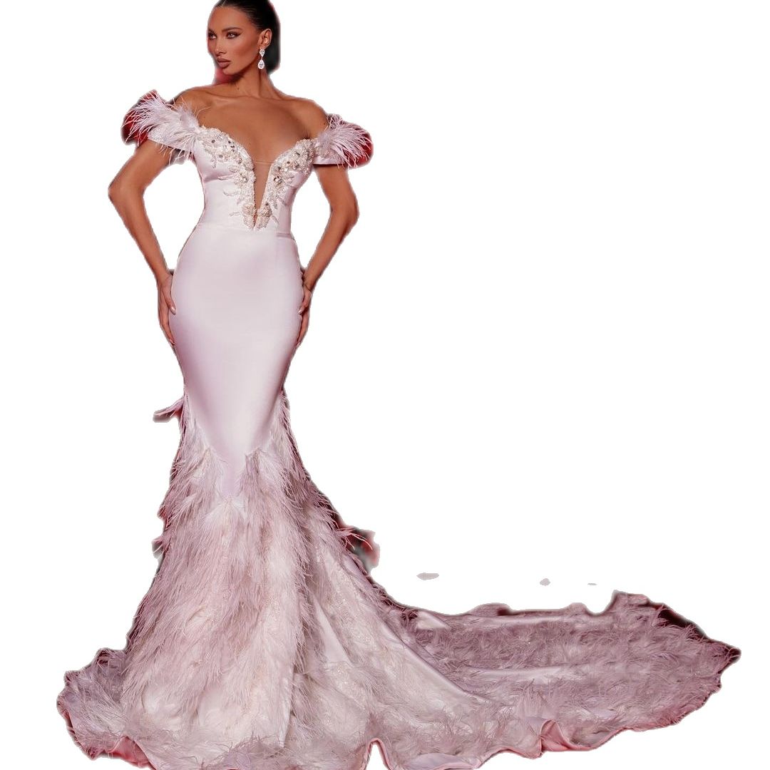 Princess Mermaid Wedding Dresses 2023 Off Shoulder Pearls Beads Short Sleeve Vestido De Novia Sweep Train Robe De Mariee