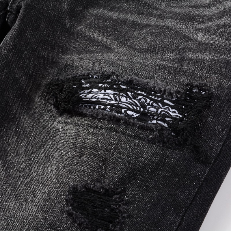 Men's Jeans Arrivals Distressed Slim Fit Steetwear Style Bandana Patchwork Skinny Stretch High Street Dark Gray Black Ripped 230330