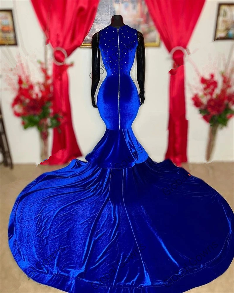 Sparkly Royal Blue O Neck Long Prom Dresses For Black Girls 2023 Sequined Gillter Mermaid African Aso Ebi Evening Occasion Gown