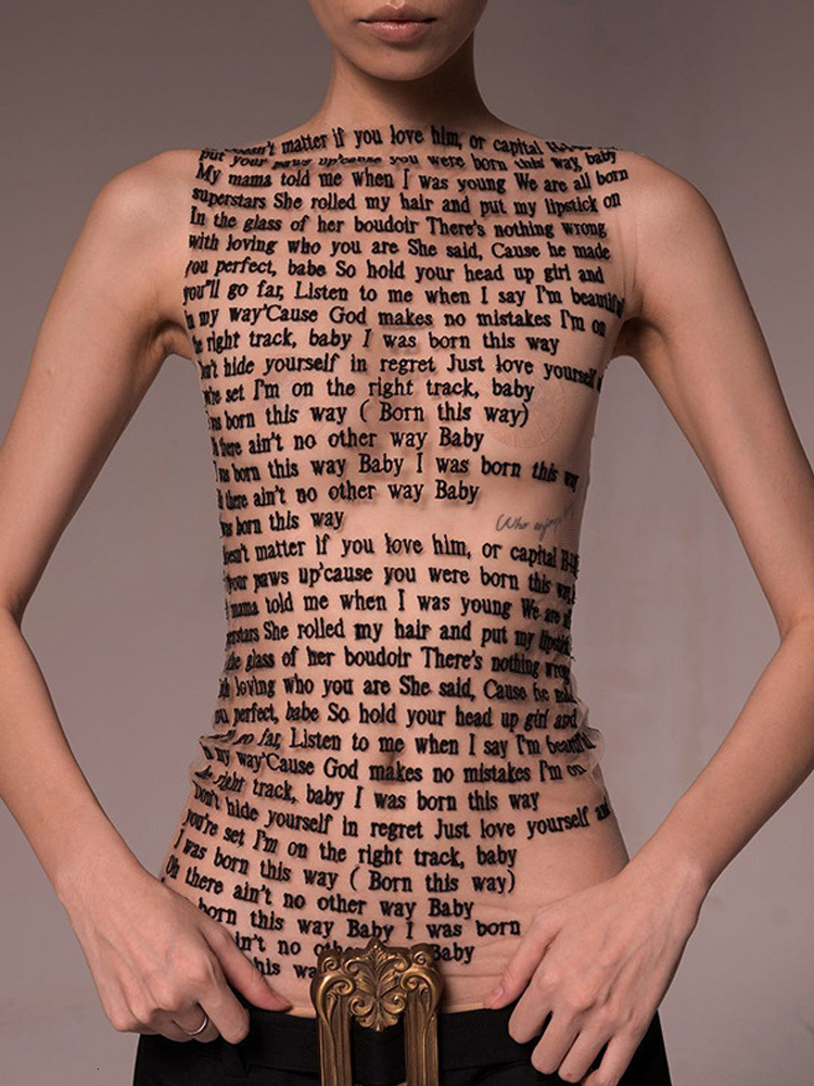 Women's TShirt Mesh Letter Printted Tshirt Women ONeck See Through Sexy Tank Tops with Golve High Street Basic Slim Y2K Top Tee Shirts 230330 - view 4