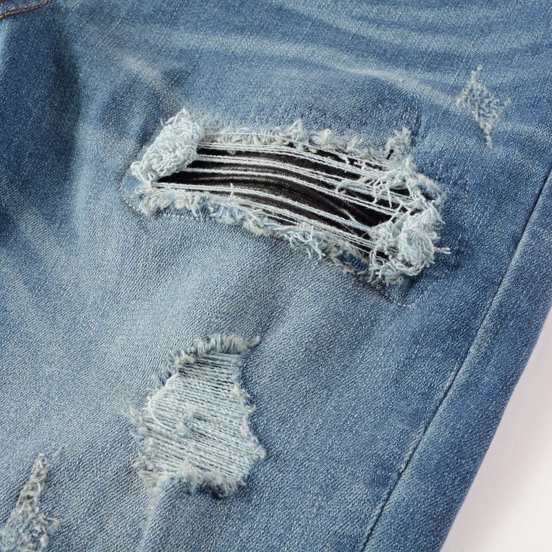 Men's Jeans Arrivals Light Blue Slim Fit Ripped Streetwear Distressed Skinny Stretch Destroyed Tie Dye Bandana Ribs Patches 230330