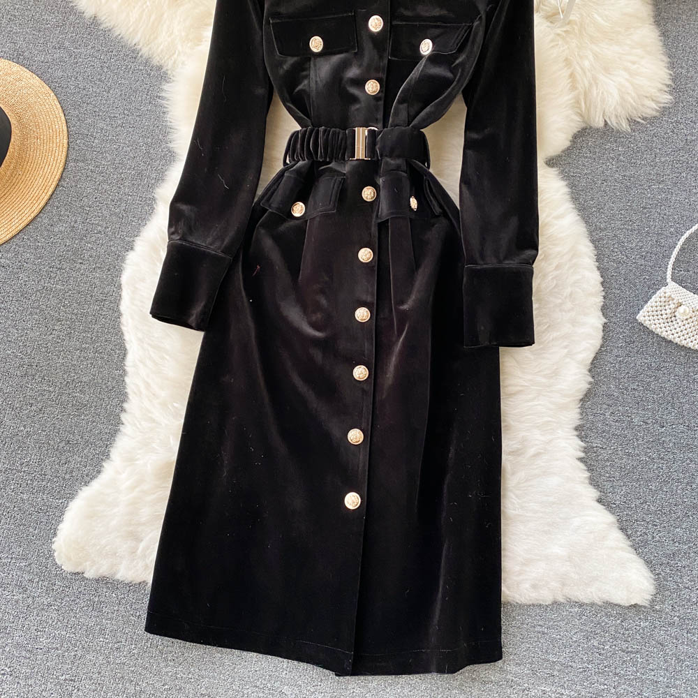 New Casual Dresses Spring Autumn Black Solid Slim Button Full Lady Dress A Line O Neck Chiffon Single Breasted Women Dresses Sexy