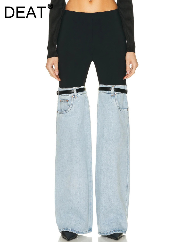 Women's Jeans DEAT Fashion High Waist Straight Patchwork PU Leather Buckle Streetwear Denim Pants Spring 2023 Trend 17A2013H 230330
