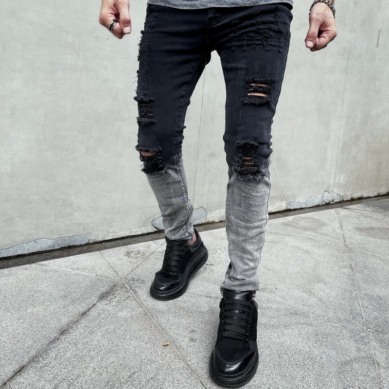 Men's Jeans Casual Denim Slim Zipper Black Hole Painted White Stretch Pencil Pants Ripped For Straight Full Length 230330