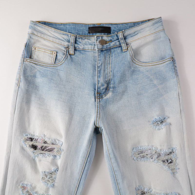 Men's Jeans Light Blue Slim Fit Streetwear Fashion Style Distressed Skinny Stretch Destroyed Hole Tie Dye Bandana Patches Ripped 230330