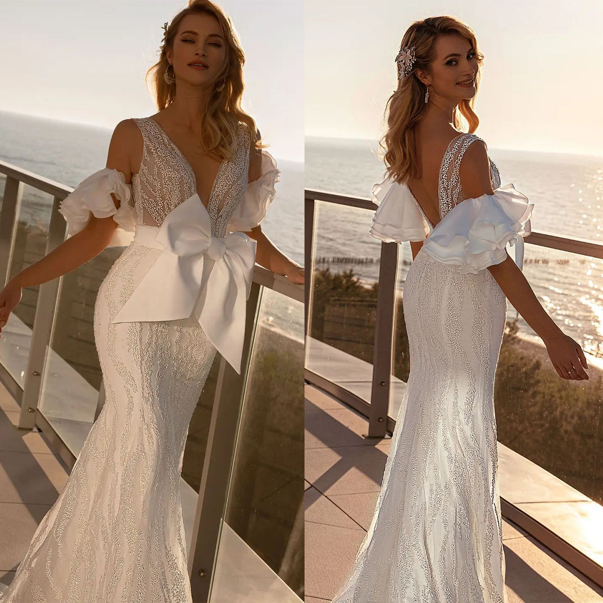 Gorgeous Mermaid Wedding Dresses V Neck Belt With Big Bow Applicants Zipper Layered Sleeves Court Gown Custom Made Plus Size Bridal Vestidos De Novia