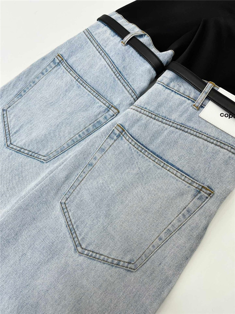 Women's Jeans DEAT Fashion High Waist Straight Patchwork PU Leather Buckle Streetwear Denim Pants Spring 2023 Trend 17A2013H 230330