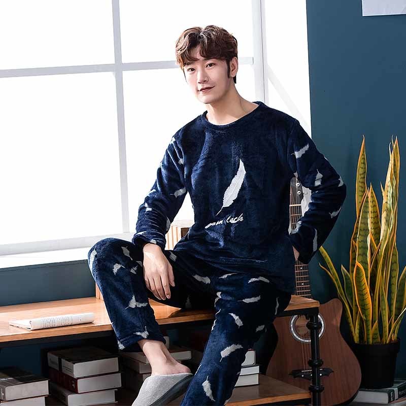 Men's Sleepwear Men's Pajama Set Autumn and Winter Soft Warm Flannel Men's Pajama Set Long Sleeve Father's Pajama Set Casual Home 