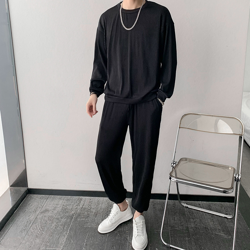 Men's Tracksuits Black/Grey/Purple Pleated Set Men's Fashion Elastic Loose Long Sleeve T-shirt Trousers Two Piece Korean Loose Men's Ic