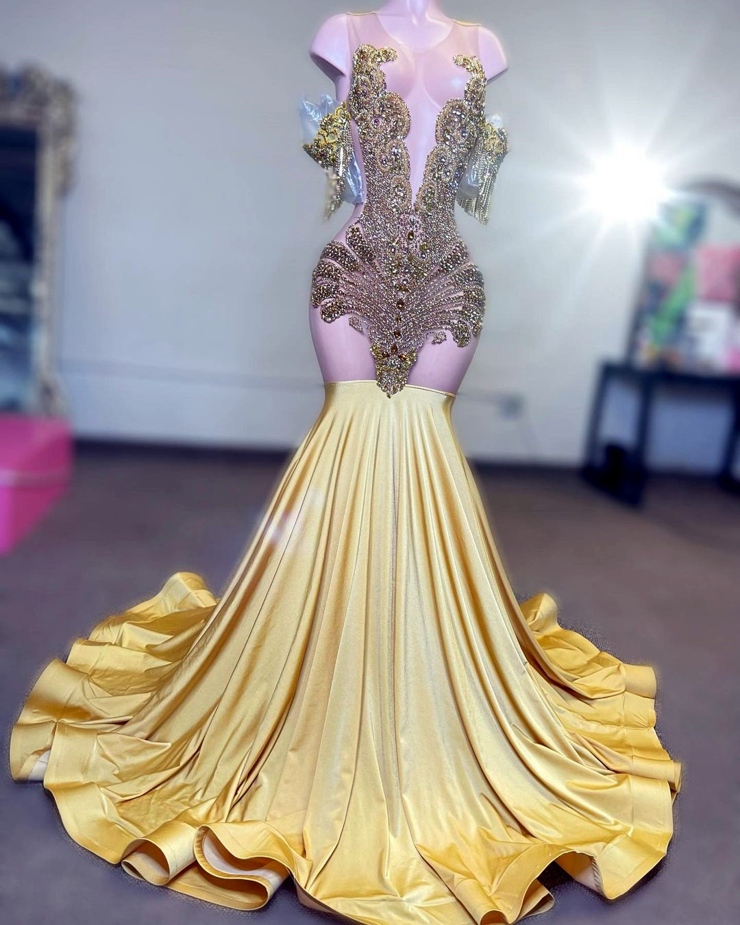Arabic Aso Ebi Mermaid Luxurious Prom Dress Beaded Crystals Evening Formal Party Second Reception Birthday Engagement Gowns Dresses Robe De Soiree ZJ