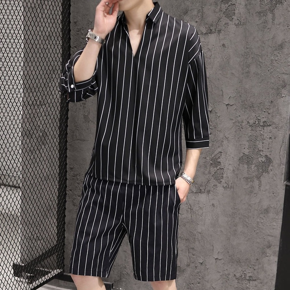 Men's Tracksuits 2-Piece Men's Fashion Vertical Stripe Pattern Casual Wear Summer Men's Shorts Set Street Fashion 230330