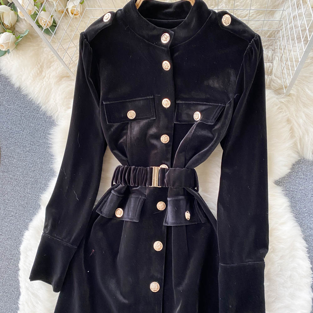 New Casual Dresses Spring Autumn Black Solid Slim Button Full Lady Dress A Line O Neck Chiffon Single Breasted Women Dresses Sexy
