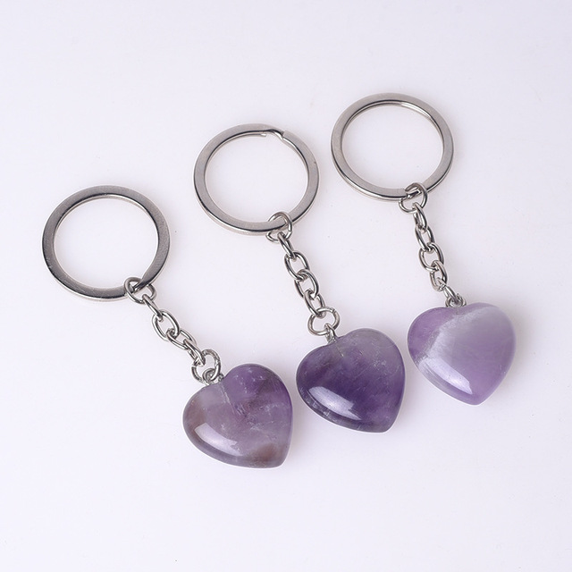 Natural Stone heart Keychain Key Ring Gem rose Quartz Amethyst love Pendants Charms keyring