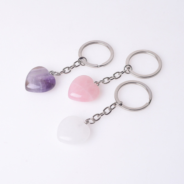 Natural Stone heart Keychain Key Ring Gem rose Quartz Amethyst love Pendants Charms keyring