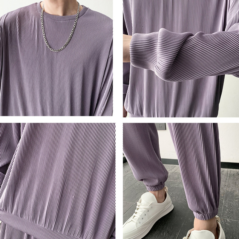 Men's Tracksuits Black/Grey/Purple Pleated Set Men's Fashion Elastic Loose Long Sleeve T-shirt Trousers Two Piece Korean Loose Men's Ic