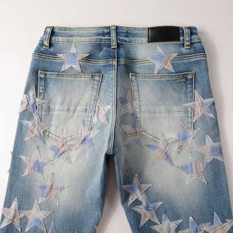 Men's Jeans Light Blue Distressed Streetwear Stars Patches Slim Stretch Skinny High Street Fashion Style Ripped 230330