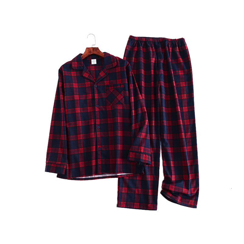 Men's Sleepwear Long Sleeve Cotton Velvet Men's Pajamas Plus Size Loose Autumn/Winter Checked Home Clothing Elastic Waist Trousers Pajamas 2