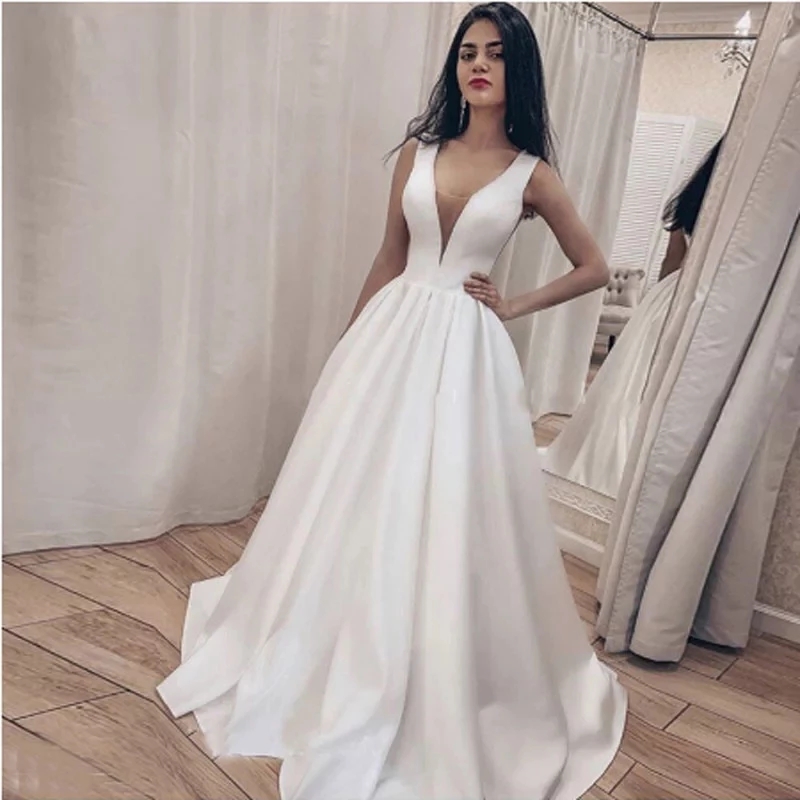 Wedding Dresses Deep V-neck Elegant Satin Robe De Mariee Bride To Be Long Bride Gowns Vestido De Novia
