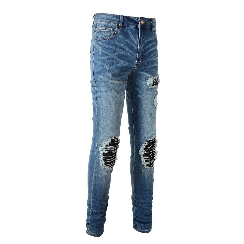 Men's Jeans Arrivals Light Blue Slim Fit Ripped Streetwear Distressed Skinny Stretch Destroyed Tie Dye Bandana Ribs Patches 230330