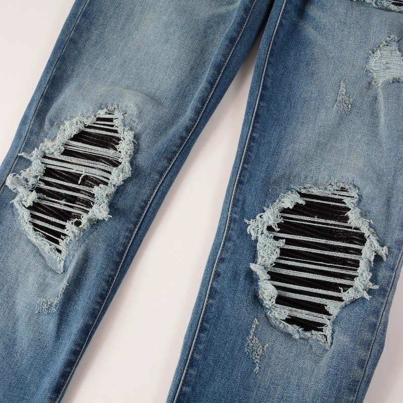 Men's Jeans Arrivals Light Blue Slim Fit Ripped Streetwear Distressed Skinny Stretch Destroyed Tie Dye Bandana Ribs Patches 230330