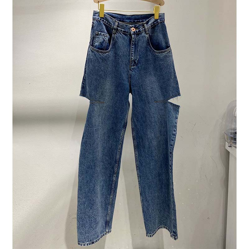 Women's Jeans Cosmicchic Women Straight ripped Casual Knife Cut Hole Loose Pants High Waist Street Retro Denim Trousers Female 230330