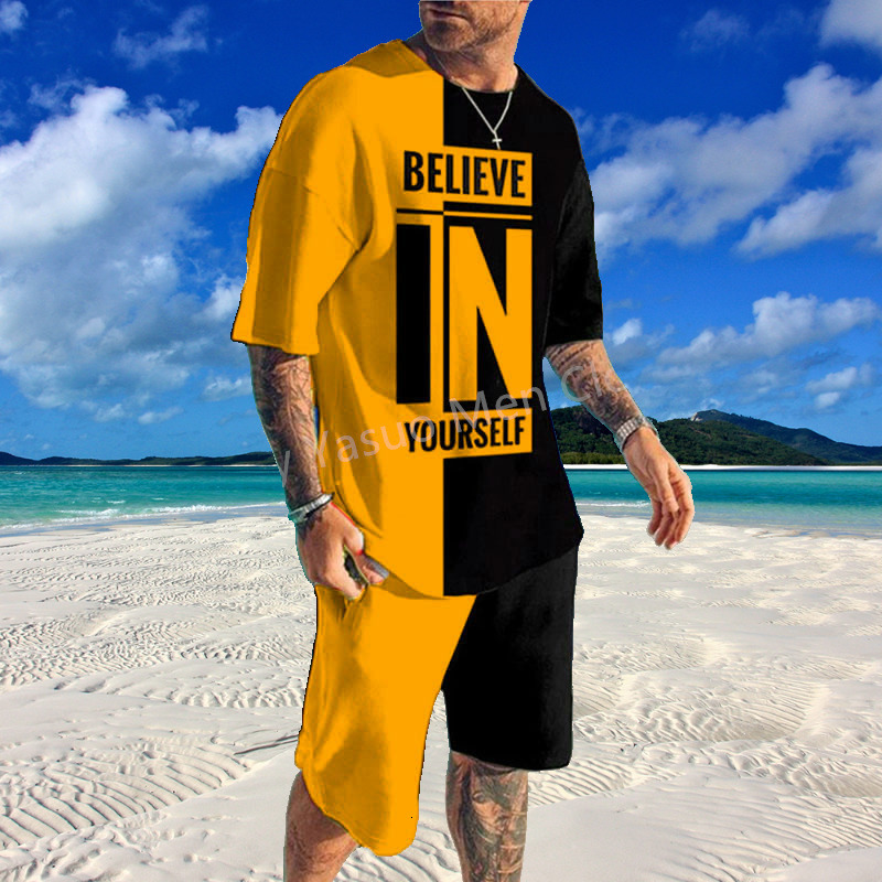 Men's Tracksuits Summer Fashion Trends Men's 3D Printed Stripe Pattern Jogging Sportswear Short Sleeve T-shirt Set Men's Wear 230408