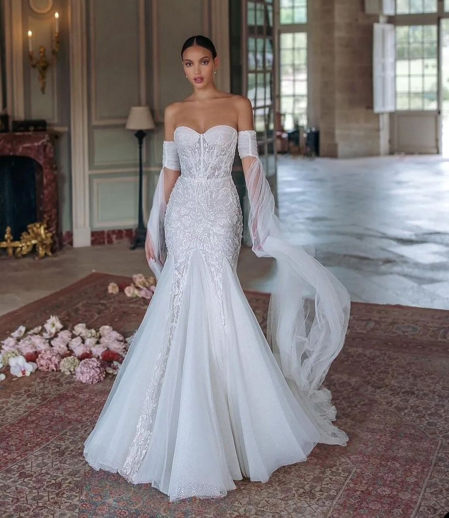 Princess Mermaid Wedding Dresses 2023 Off Shoulder Long Sleeve Vestido De Novia Lace Sequins SweepTrain Robe De Mariee