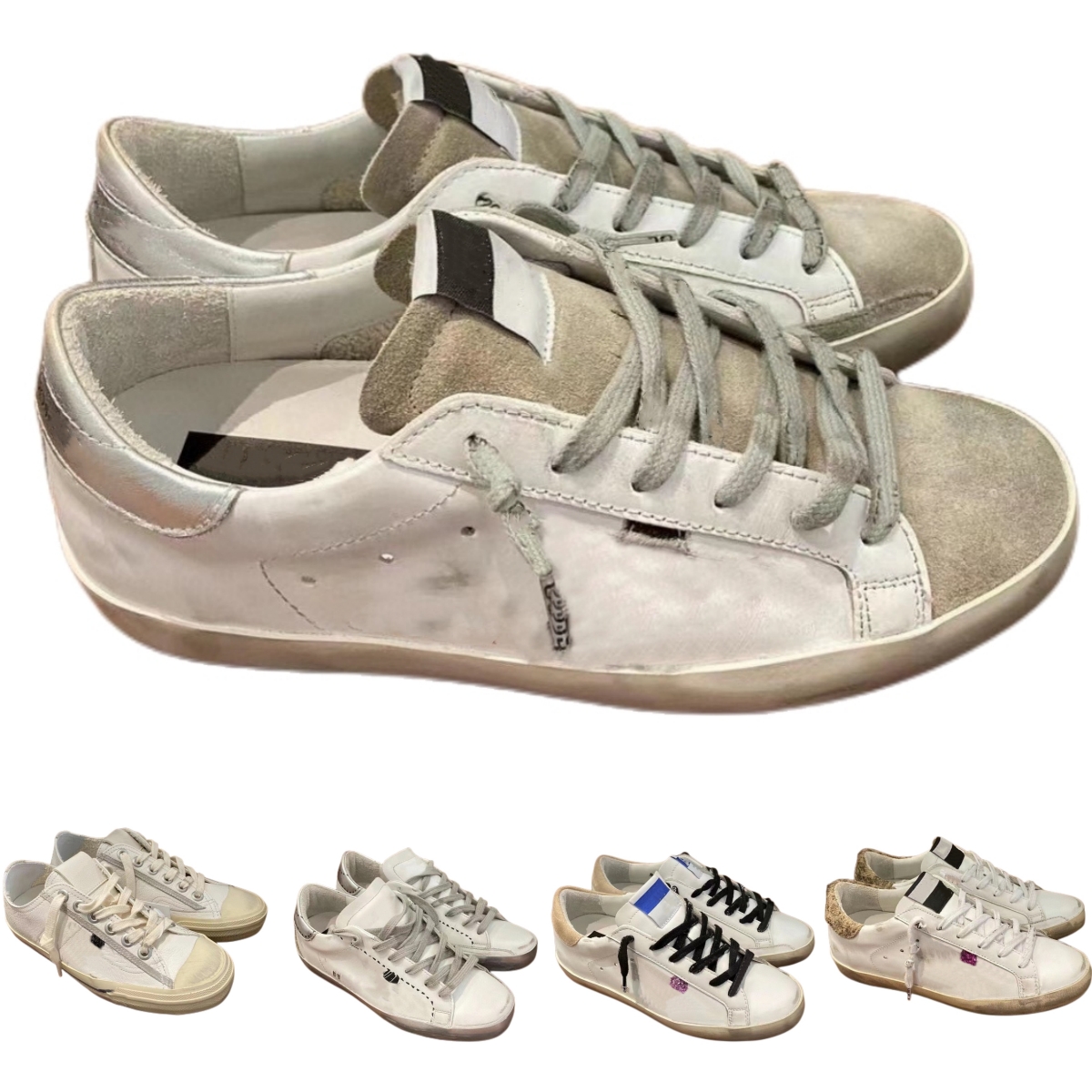 Designer Men Golden White Shoes Women Silver Glitter Genuine Leather Lace Up Tongue Super Star Old-fashioned GB Shoe Low Top sneaker Real Cowhide with box size 35-45, 25
Designer Men Golden White Shoes Women Silver Glitter Genuine Leather Lace Up Tongue Super Star Old-fashioned GB Shoe Low Top sneaker Real Cowhide with box size 35-45, 25