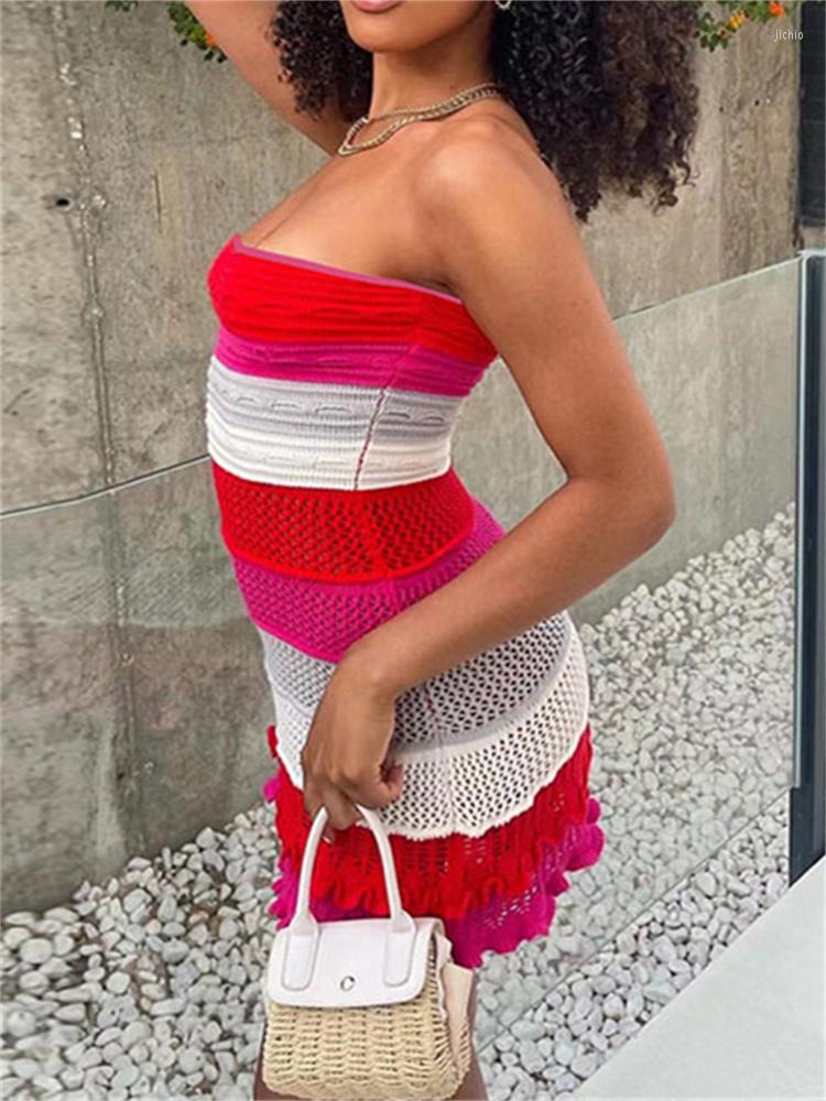 Casual Dresses Thorn Tree Women Summer Knitted Slim Dress Contrast Color Striped Strapless Off Shoulder Short Mini Pencil Beach Vestidos