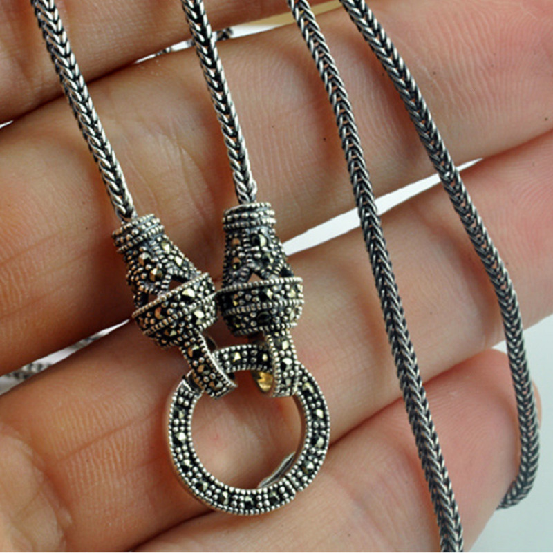 Pendant Necklaces Real Silver Long Chain Retro Women S925 Sterling Marcasite Stone Thai Jewelry 230329
