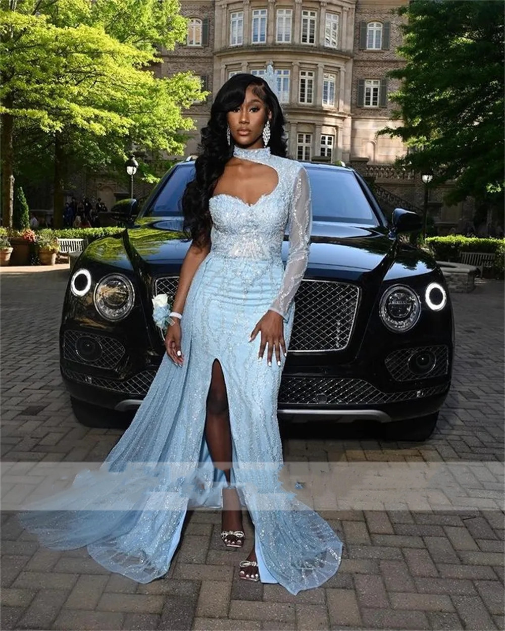 Light Blue One Shoulder Beaded Prom Dresses For Black Girl Long Sleeve Mermaid Birthday Dress With Train Evening Party Gowns 322 Lz0304