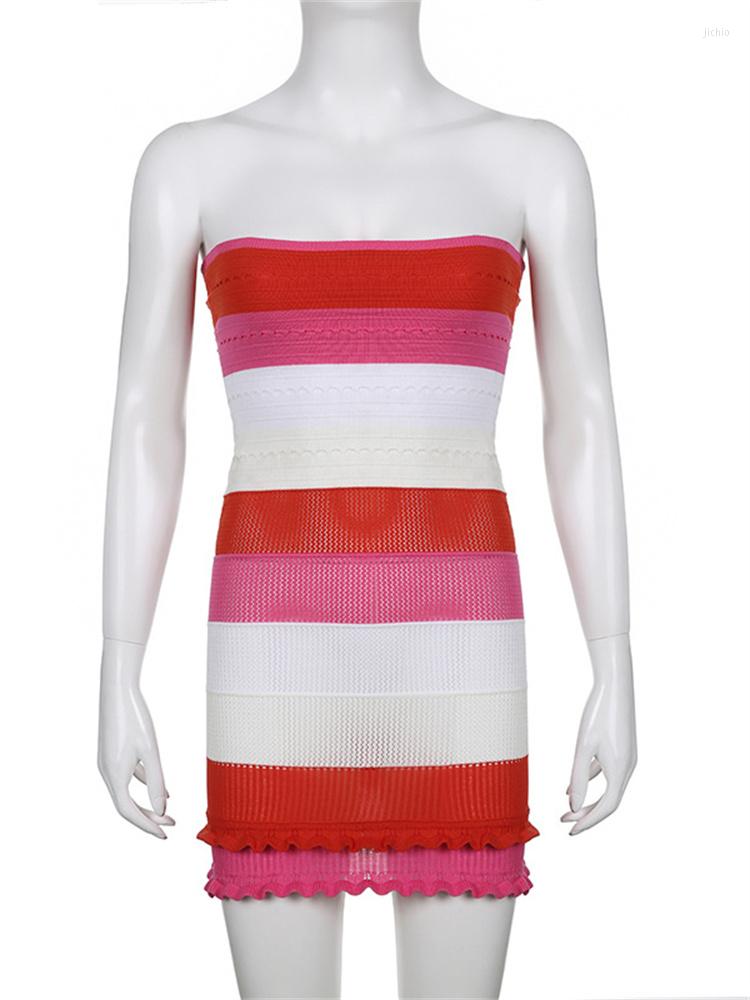 Casual Dresses Thorn Tree Women Summer Knitted Slim Dress Contrast Color Striped Strapless Off Shoulder Short Mini Pencil Beach Vestidos