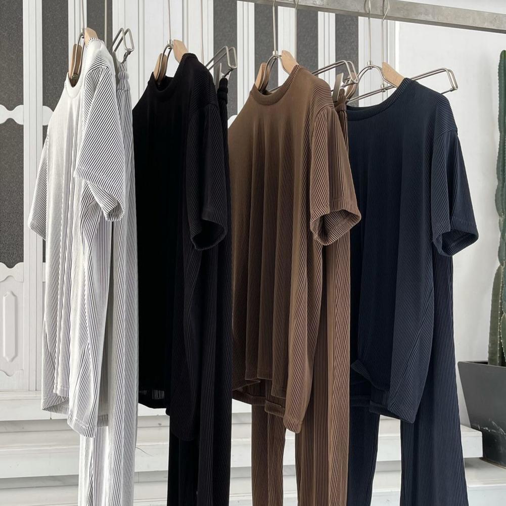 Men's Tracksuits Summer 2PC Men's 1PC Top Solid Loose Summer Staff Neckline Draping Outfit for Office Tracksuits 230330