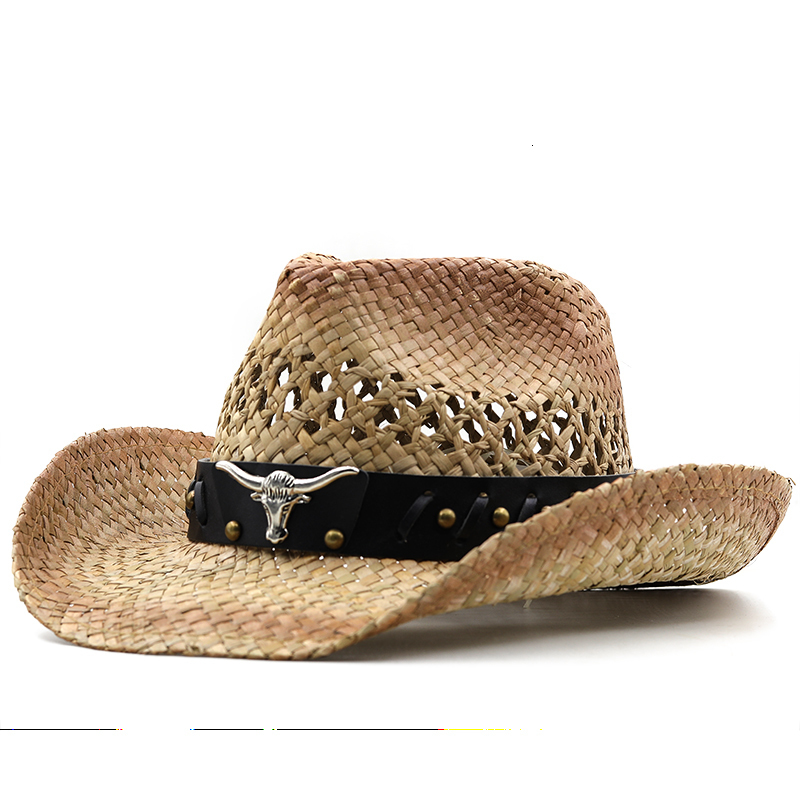 Wide Brim Hats Bucket Hollow straw hat Straw Cowboy Western Beach Felt Suns Party Cap for Man Women 3colors summer jazz 230330