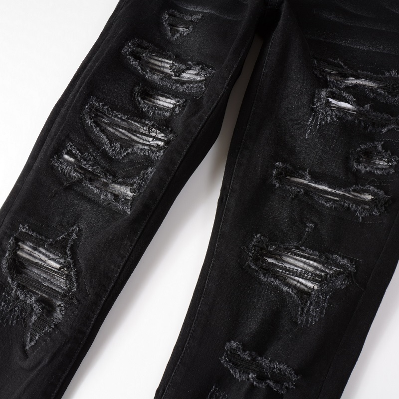 Men's Jeans Black Distressed Streetwear Style Tie Dye Bandana Ribs Patch Skinny Stretch Holes Slim Fit High Street Ripped 230330