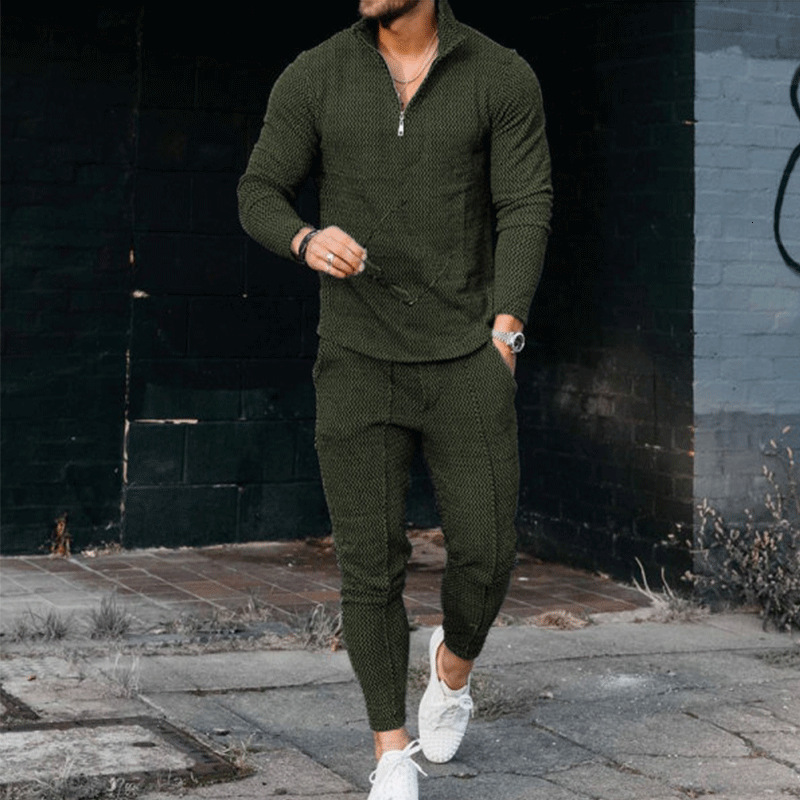 Men's Tracksuits Men's Textured Set Long Sleeve Polo and Track Pants Fashion Casual Zipper Mock Neck Set 230330
