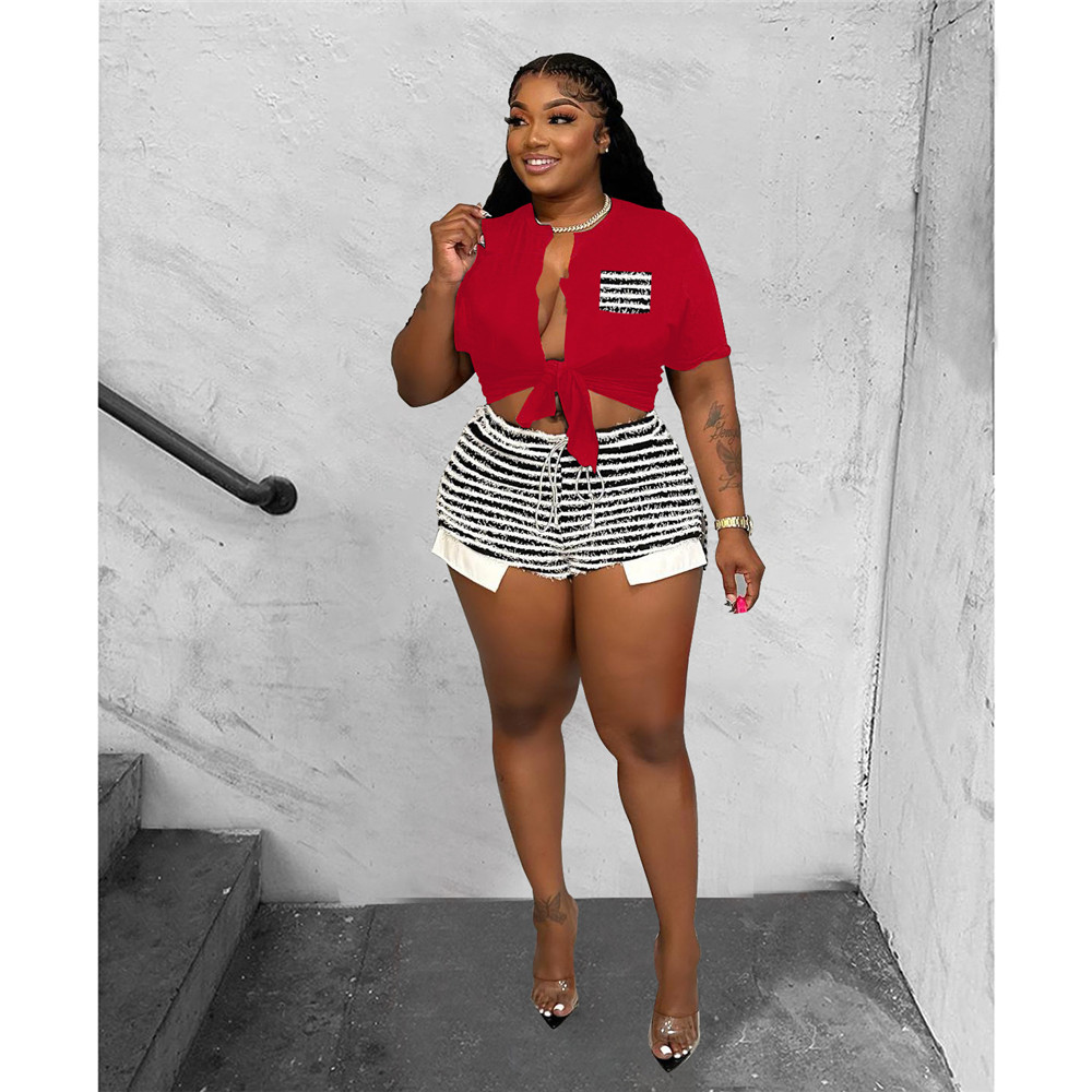 2023 Designer Summer Tracksuits Two 2 Piece Sets Women Outfits Short Sleeve Bandage Shirt and Striped Shorts Matching Sportswear Jogger Suits Wholesal