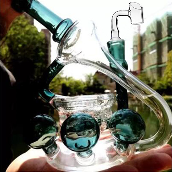 Dark Green Concentrate Dab Rig Inline Percolator Glass Bong Bubbler with 14mm Banger Bent Neck Diffused Water Pipes Recycler Oil Rigs Shisha