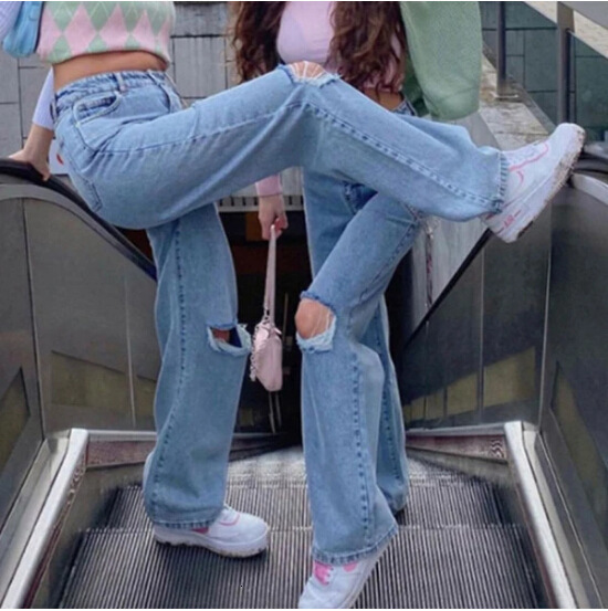 Women's Jeans High Waist Women Autumn Fashion Ripped Flare Jean's Trousers Wash Blue Street Wear Straight Leg 230330