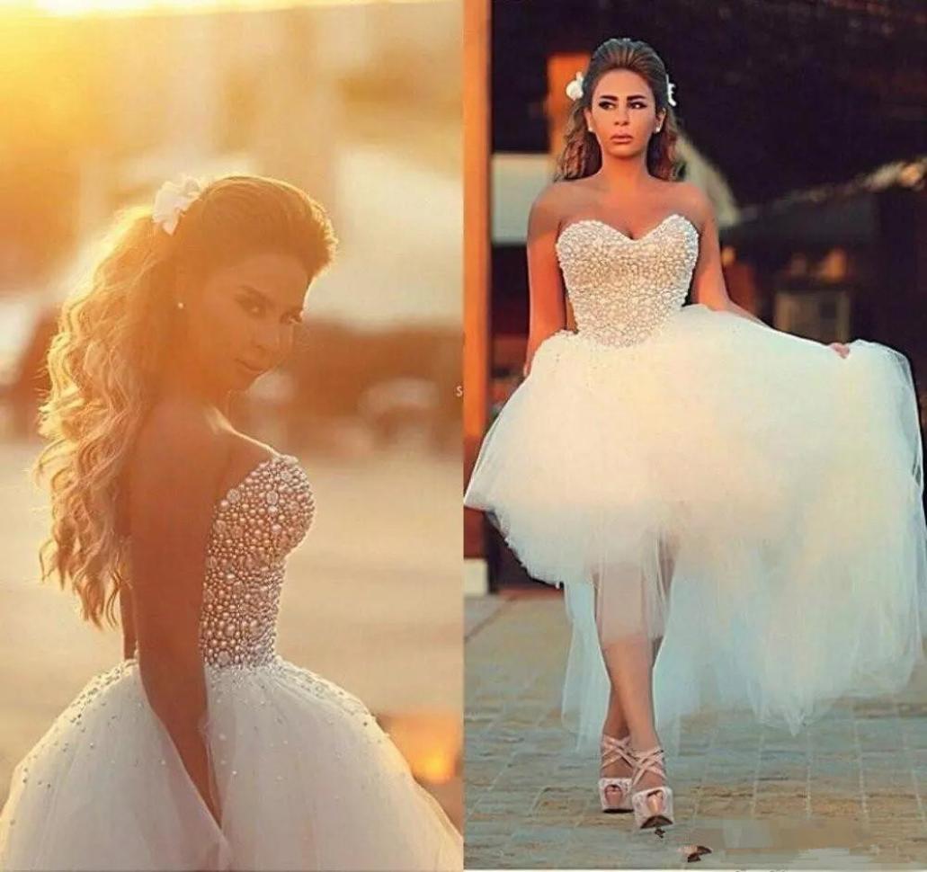Corset Top Wedding Dresses Beaded Pearls high low Tulle Summer Beach Country Bridal Gowns Saudi Arabic Luxury Modest